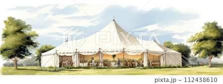 Illustration Wedding tent for a summer wedding celebration in nature, a tent surrounded by flowers, banner 112438610