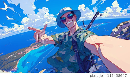 Illustration of a happy young guy taking a selfie on the background of the sea 112438647