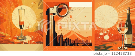 AI-generated content. Vintage French ad poster pack, beige palette, futurism style. Gradient illustrations showcase posters in orange and red colors, highlighting wine bottle and glass. Vector concept 112438738