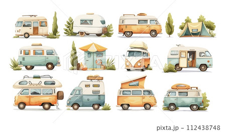 AI-generated content. Travel trailers for tourism vector set. Objects of car journey with elements of flora leaves and trees in dodle style. Campers for active recreation, road vans, countryside AI-generated content. Travel trailers for tourism vector set. Objects of car journey with elements of flora leaves and trees in dodle style. Campers for active recreation, road vans, countryside 112438748