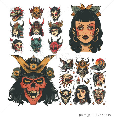 AI-generated content. Traditional tattoos stickers in the Japanese theme of American old style. Bundle with skulls, horns, mythical creatures, demons, woman, birds, samurai armor, dragon, trendy AI-generated content. Traditional tattoos stickers in the Japanese theme of American old style. Bundle with skulls, horns, mythical creatures, demons, woman, birds, samurai armor, dragon, trendy 112438749