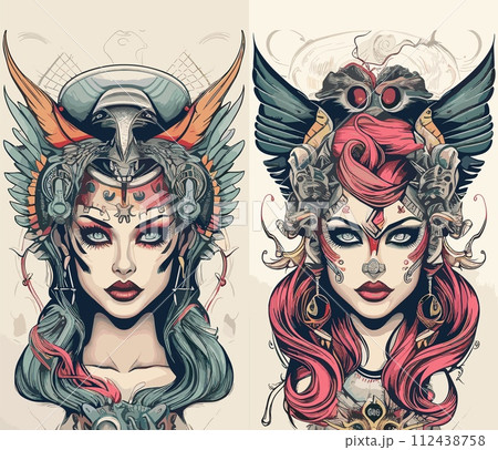 AI-generated content. Tattoo advertising posters. Woman tattooed face in detailed linear style with various graphic elements, wings, horns, curly hair, stylized posters set, vector ad concepts AI-generated content. Tattoo advertising posters. Woman tattooed face in detailed linear style with various graphic elements, wings, horns, curly hair, stylized posters set, vector ad concepts 112438758