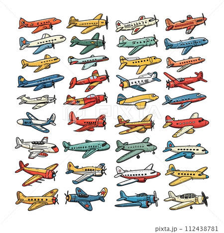 AI-generated content. Planes in cartoon style. Big bundle of linear aircraft in color by lineart design. Modern and old aviation, civil and military, different models, vector objects isolated on white AI-generated content. Planes in cartoon style. Big bundle of linear aircraft in color by lineart design. Modern and old aviation, civil and military, different models, vector objects isolated on white 112438781