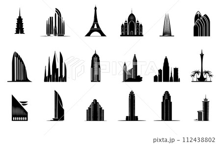 AI-generated content. Logos of famous architectural objects in minimalist black design. Icons of towers, buildings, skyscrapers, shopping centers, temples, vector set isolated on white background 112438802