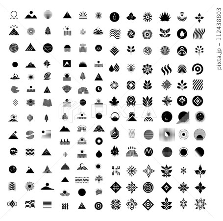 AI-generated content. Logos in black, large vector set. Minimalistic abstract icons of the sun, mountains, air, water, plants, geometric simple shapes, stylized buds, for design and illustrations 112438803
