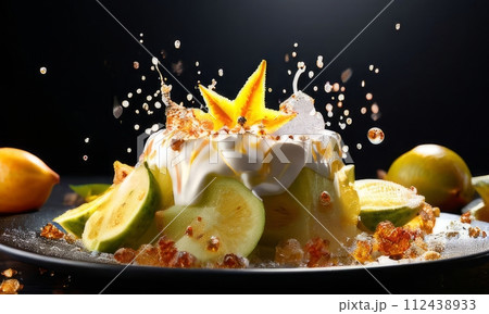 Bowl of ice cream with carambola, lemons garnish on top. For online cooking tutorials, food delivery apps, virtual cooking classes, digital restaurant menus, various contexts such as food blog,bunner 112438933