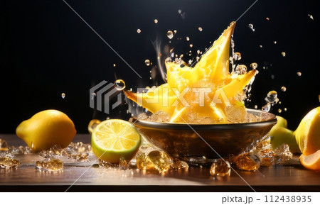 Dessert of ice cream with star shaped carambola garnish is made of crushed almonds, orange slices. For summer dessert, unique culinary presentation, digital restaurant menus, food delivery apps. 112438935