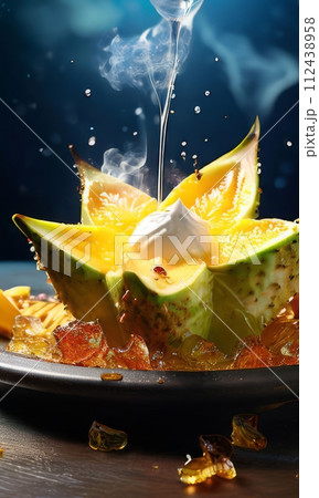 Bowl of ice cream with carambola, lemons garnish on top. For online cooking tutorials, food delivery apps, virtual cooking classes, digital restaurant menus, various contexts such as food blog,bunner 112438958
