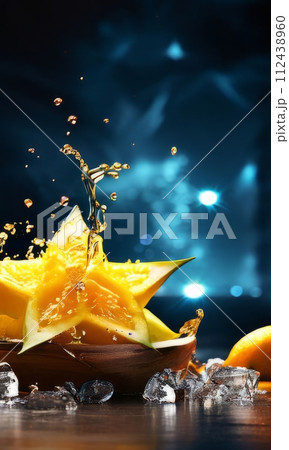 Dessert with star of carambola on top, bunch of fruit on side. For online cooking tutorials, food delivery apps, virtual cooking classes, digital restaurant menus, various contexts such as food blogs. 112438960