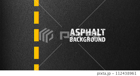 Asphalt road with yellow lane marking, concrete highway surface, texture. Street traffic line, road dividing strip. Pattern with grainy structure, grunge stone background. Vector illustration Asphalt road with yellow lane marking, concrete highway surface, texture. Street traffic line, road dividing strip. Pattern with grainy structure, grunge stone background. Vector illustration 112438961