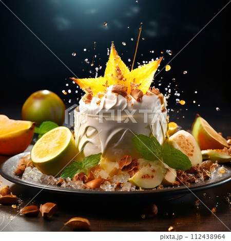 Delicious bowl of ice cream resting on wooden table. For various contexts such as food blogs, restaurant menus, social media posts promoting desserts, food delivery apps, bunner. 112438964