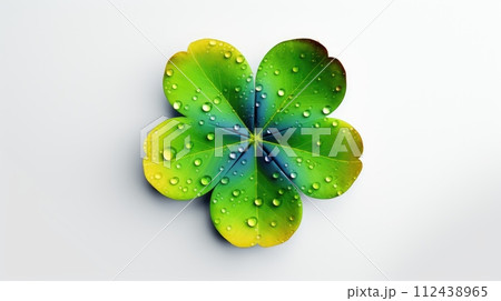 AI-generated content. Fresh green four-leaf clover on white background, St. Patricks Day luck. 112438965