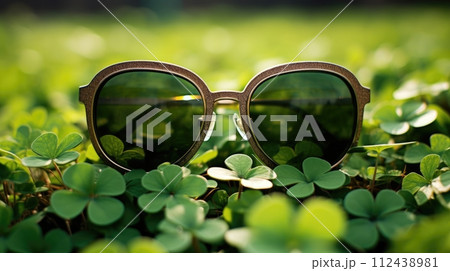 AI-generated content. Fashionable Vintage Brown Sunglasses on Top of Lush Four-Leaf Clovers Field Under the Sunlight. St Patricks Day 112438981