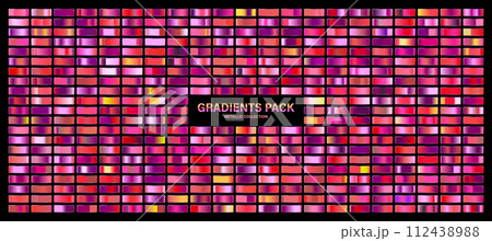 Red, violet glossy gradient, metal foil texture. Sunset color swatch set, summer vibes. Collection of high quality gradients. Shiny metallic background. Design element. Vector illustration 112438988