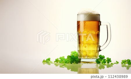 AI-generated content. Cold Beer with foam in a mug with Four-Leaf Clovers on light backgroun, St. Patricks Day Celebration 112438989