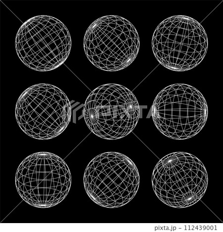 Wireframe shapes, lined sphere. Perspective mesh, 3d grid. Low poly geometric elements. Retro futuristic design elements, y2k, vaporwave and synthwave style. Vector illustration Wireframe shapes, lined sphere. Perspective mesh, 3d grid. Low poly geometric elements. Retro futuristic design elements, y2k, vaporwave and synthwave style. Vector illustration 112439001