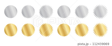 Set of silver and gold round stickers with wiggle and zigzag borders. Shining metallic labels, badges, price tags, coupons, stamps undulate shapes isolated on white background. Vector illustration 112439069