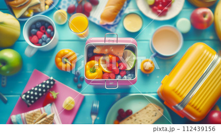 AI-generated content. Blurred Background for Healthy Breakfast. Lunch box with Vegetables, Berries and Fruits, Juice and Coffee, Whole Wheat Bread on Blue Background, Wooden Table. AI Generated. Flat 112439156