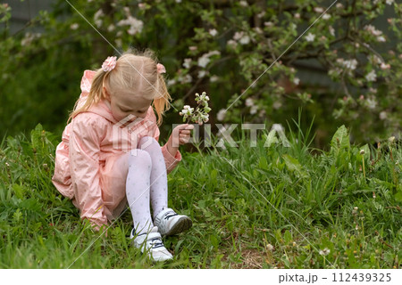Child girl with two ponytails in pink jacket holds flowering twig and sits on grass on flowering tree background. 112439325