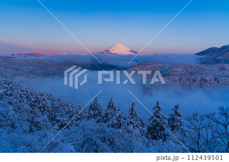 （神奈川県）雪化粧した箱根から芦ノ湖雲海と富士山　夜明け 112439501