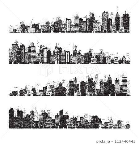Stippled city silhouettes. Cityscape, town skyline. Midtown, downtown with buildings, houses and skyscrapers. Stippling, dot drawing and shading, stipple pattern, halftone effect. Vector illustration 112440443