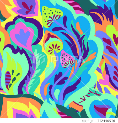 Colorful seamless pattern with chaotic floral and psychedelic abstract elements. Vector illustration. 112440516
