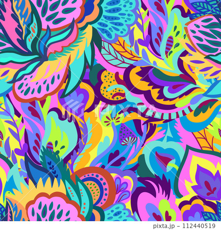 Colorful seamless pattern with chaotic floral and psychedelic abstract elements. Vector illustration. Colorful seamless pattern with chaotic floral and psychedelic abstract elements. Vector illustration. 112440519
