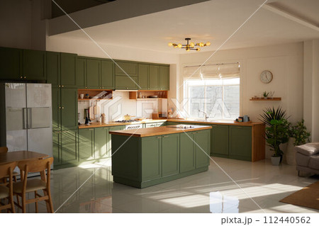 a sun-filled green kitchen a sun-filled green kitchen 112440562