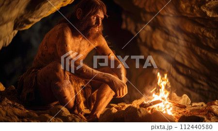 Bearded neanderthal man sits by fire in cave at night, caveman and bonfire on dark background. Concept of prehistoric era, primitive, ancient, Stone Age, evolution 112440580