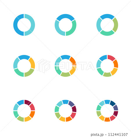 Set of pie charts. Financial analysis data 2,3,4,5,6,7,8,9,10 sections elements for business presentation, Vector Illustration 112441107