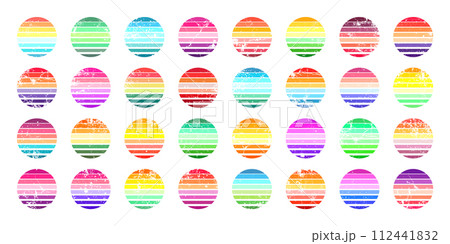 Grunge vintage sunset collection. Colorful striped sunrise badges in 80s and 90s style. Sun and ocean view, summer vibes, surfing. Design element for print, logo or t-shirt. Vector illustration 112441832