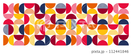 Geometric trendy pattern. Modern colorful background with simple elements. Retro texture with basic geometric shapes. Print design, minimalist poster cover. Vector illustration 112441846