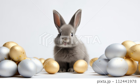 AI-generated content. Small gray rabbit sits between shiny gold and silver Easter eggs on white background AI-generated content. Small gray rabbit sits between shiny gold and silver Easter eggs on white background 112441978