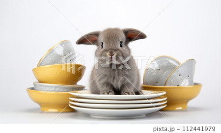AI-generated content. Small gray rabbit sits between stacks of ceramic bowls and plates on white background. Easter bunny AI-generated content. Small gray rabbit sits between stacks of ceramic bowls and plates on white background. Easter bunny 112441979