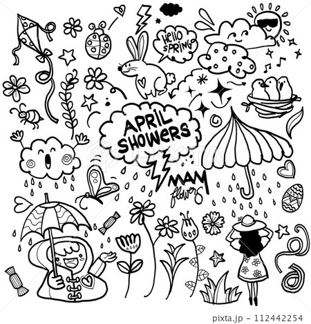 hand drawn of Hello Spring and April Showers Doodle Collectio 112442254