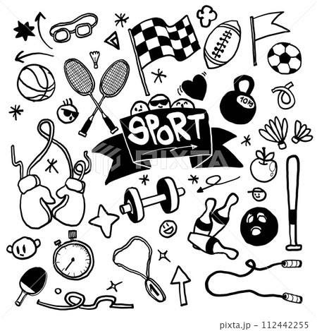 Hand Drawn Collection of Diverse Sports Equipment Hand Drawn Collection of Diverse Sports Equipment 112442255