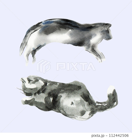 Set of abstract cat sketch, animal print stains, beautiful shapes, pastel color palette. Watercolor illustration of sleeping, lying, playing pet 112442506