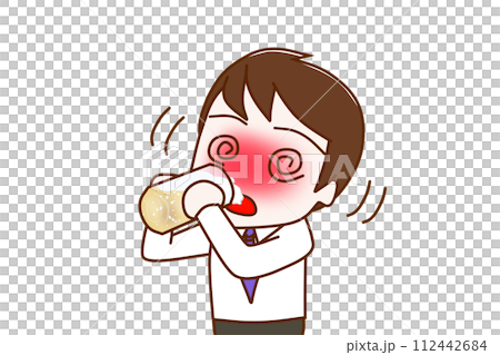 (Upper body diagonal) A man who is drunk and shaky as he gulps down beer and gets dizzy. 112442684