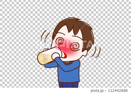 (Upper body diagonal) A boy who is drunk and shaky as he gulps down beer. 112442686