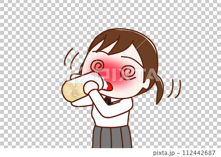 (Upper body diagonal) A female student who is drunk and shaky as she gulps down beer. 112442687