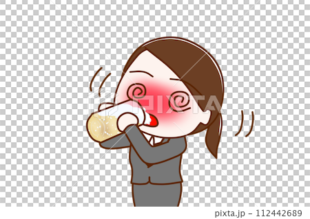 （上半身對角線）一個穿著西裝的女人，喝醉了酒，渾身發抖，大口喝著啤酒。 112442689