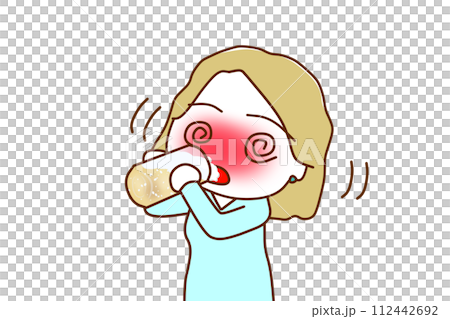 （上半身對角線）一位白人婦女喝醉了，大口喝著啤酒，全身發抖。 112442692