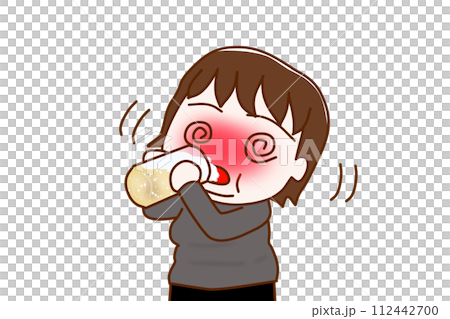 （上半身斜め）酔っ払ってグラグラしながらビールをグビグビ飲んで目が回る太った女性 112442700