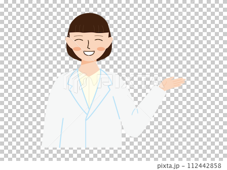 A woman wearing a white coat and pointing towards me 112442858
