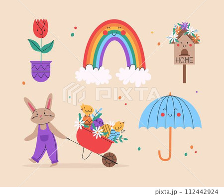 Cute rabbit with wheelbarrow and little chicks. Spring set of cute objects. Funny vector illustration. Easter day concept. For greeting cards, posters, banners and stickers. 112442924
