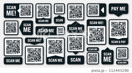 Scan me QR code sticker. Online payment. Special offer sale stickers, shopping discount label or promotional badge. Serial number, product ID. Supermarket retail label, price tag. Vector illustration 112443290