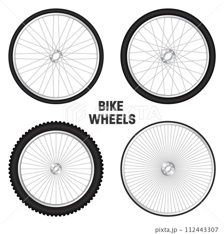 Realistic 3d bicycle wheels. Bike rubber tyres, shiny metal spokes and rims. Fitness cycle, touring, sport, road and mountain bike. Vector illustration Realistic 3d bicycle wheels. Bike rubber tyres, shiny metal spokes and rims. Fitness cycle, touring, sport, road and mountain bike. Vector illustration 112443307