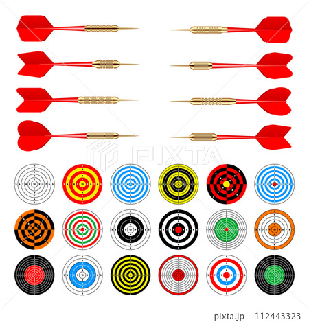 Paper targets with dart arrows. Shooting range round target, divisions, marks and numbers. Gun shooting practise and training, sport competition, hunting. Bullseye and aim. Vector illustration 112443323