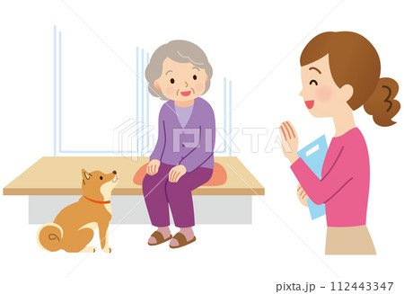 高齢者の自宅へ訪問する女性　介護　福祉 112443347