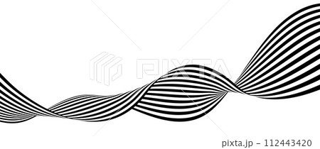 Black and white wavy bent ribbon element. Curved stripe shape background. Liquid abstract line wallpaper for banner, cover, poster, presentation, brochure, flyer. Optical illusion art backdrop. Vector Black and white wavy bent ribbon element. Curved stripe shape background. Liquid abstract line wallpaper for banner, cover, poster, presentation, brochure, flyer. Optical illusion art backdrop. Vector 112443420